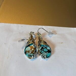 Silver Turquoise Marble Design Dangling Earrings Fashion Jewelry 1.3x.7